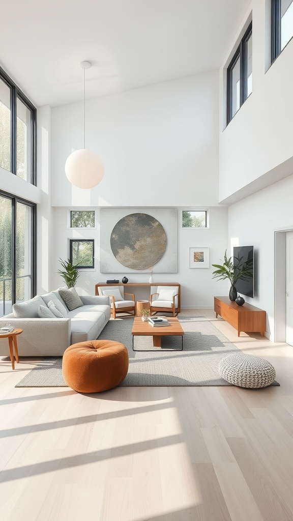 A modern open concept living room with large windows, minimalist furniture, and a warm color palette.