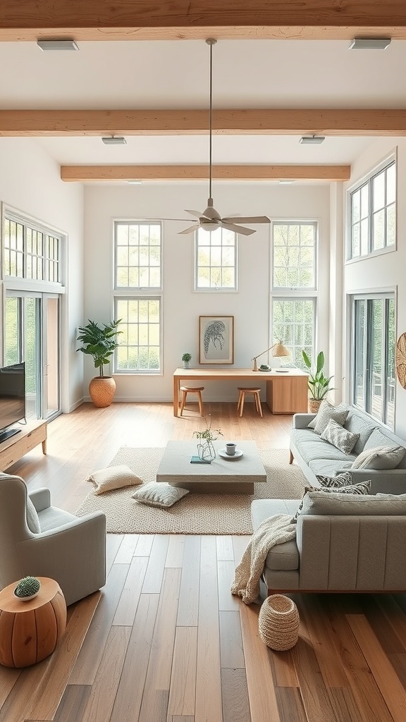 A bright open concept living room with large windows, wooden beams, and minimalist furniture.