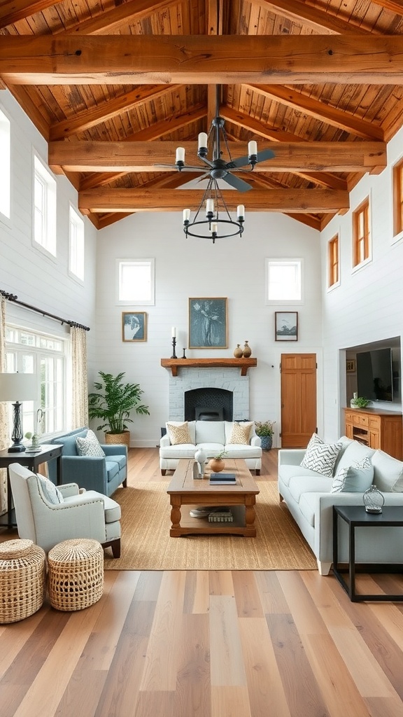 A spacious open concept living area in a farmhouse with wooden beams, comfortable seating, and natural light.