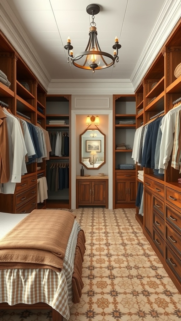 A spacious walk-through closet leading to a farmhouse bathroom, featuring wooden shelves and a warm color palette.