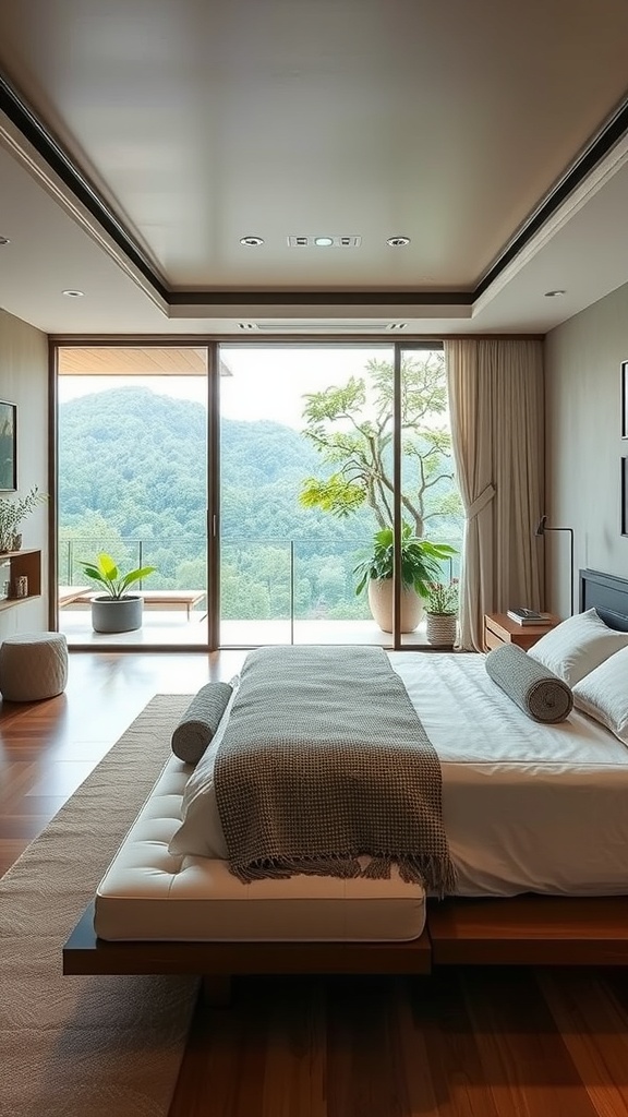 A serene Japandi bedroom with an open floor plan, featuring large windows and natural elements.