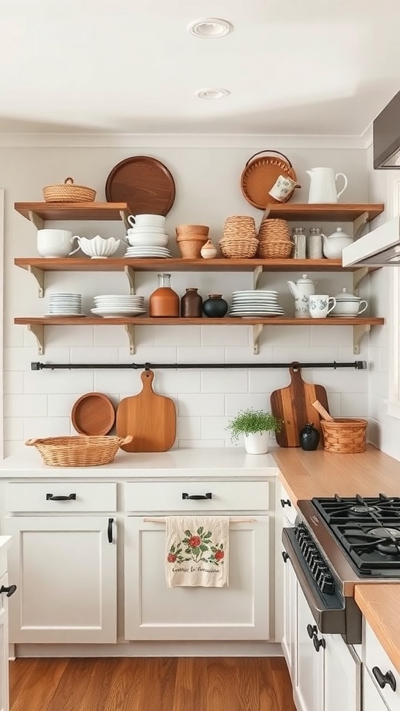 Open shelving in a farmhouse kitchen displaying dishes and decorative items.