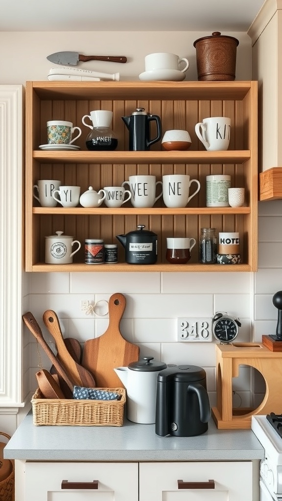 Open shelving displaying various artisan mugs and coffee accessories in a rustic kitchen.