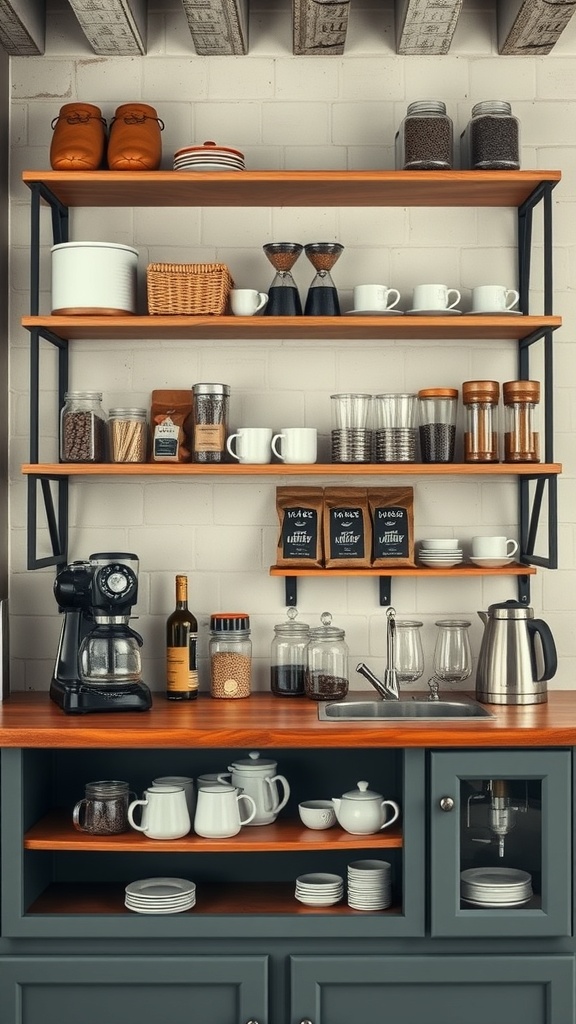 Open shelving displaying coffee essentials like mugs, coffee beans, and brewing tools.