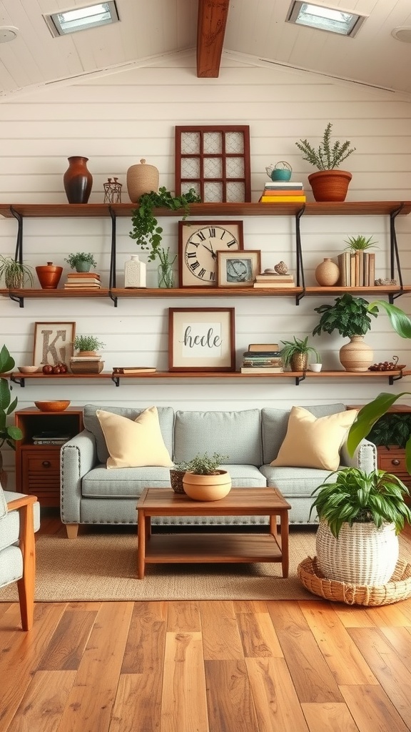 A cozy living room featuring open shelving with rustic decor, plants, and a comfortable sofa.