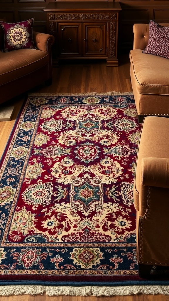 A beautifully designed area rug in an elegant room with vintage furniture.