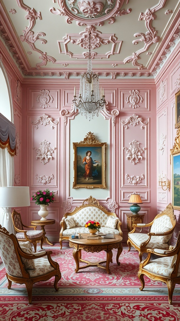 A beautifully decorated Rococo living room with pink walls, elegant furniture, and intricate ceiling designs.