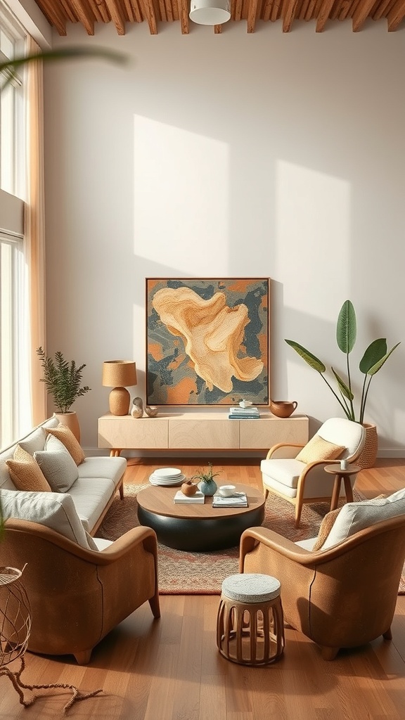 A cozy living room featuring organic shapes in furniture and decor.