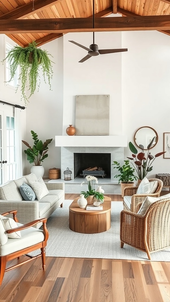 A contemporary farmhouse living room with plants, wooden accents, and a cozy atmosphere.