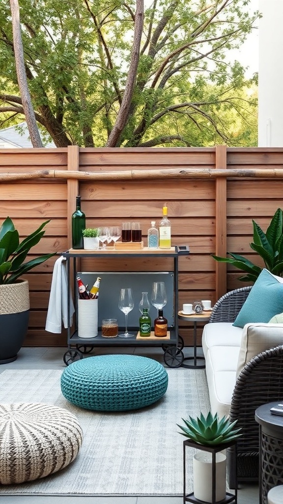 A cozy outdoor lounge with a bar cart, drinks, and comfortable seating.