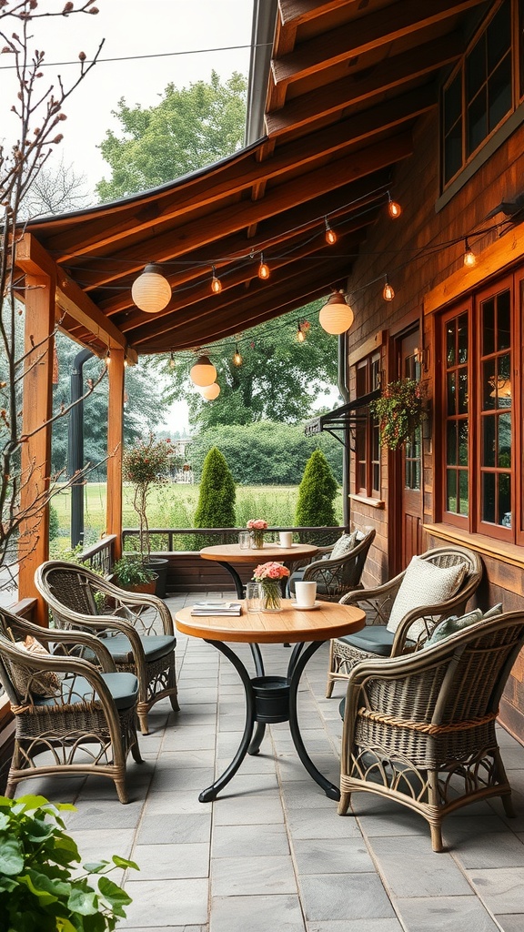 A cozy outdoor coffee patio with wicker chairs, a wooden table, and string lights.