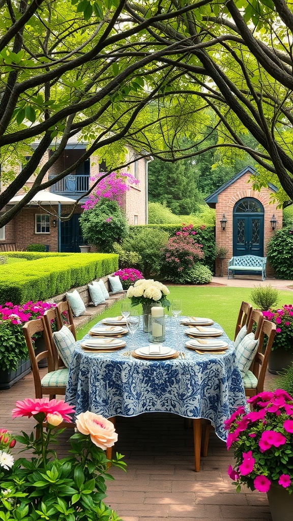 A charming outdoor dining area with a table set under trees and surrounded by vibrant flowers.