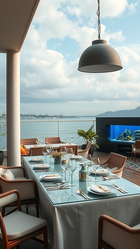 Stylish outdoor dining area with a view of the water, featuring a modern table and chairs.