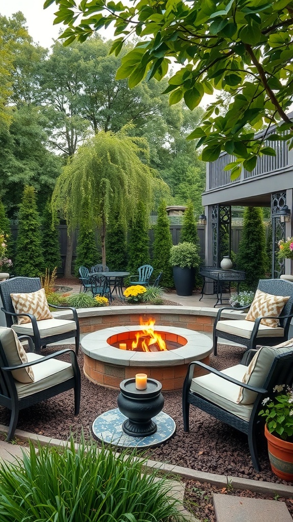 Cozy outdoor fire pit area with seating and greenery