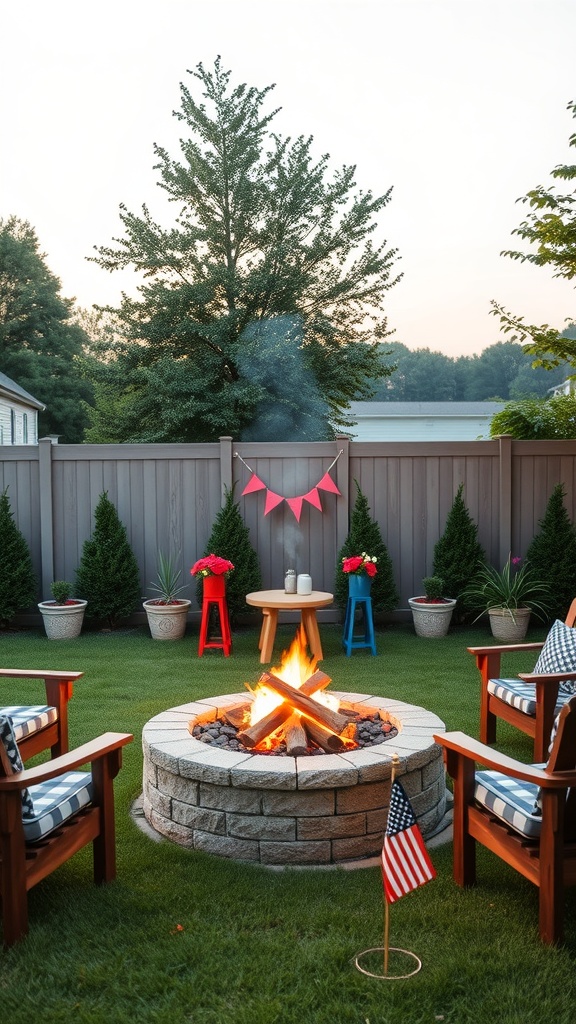 A cozy outdoor fire pit setup with chairs, colorful decorations, and a small American flag.