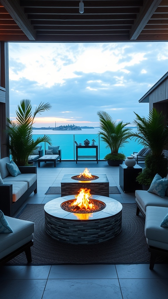 A stylish outdoor space featuring a fire pit surrounded by comfortable seating and a beautiful water view.