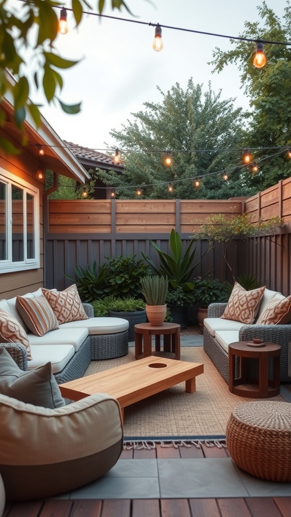 Cozy outdoor lounge with comfortable seating and ambient lighting