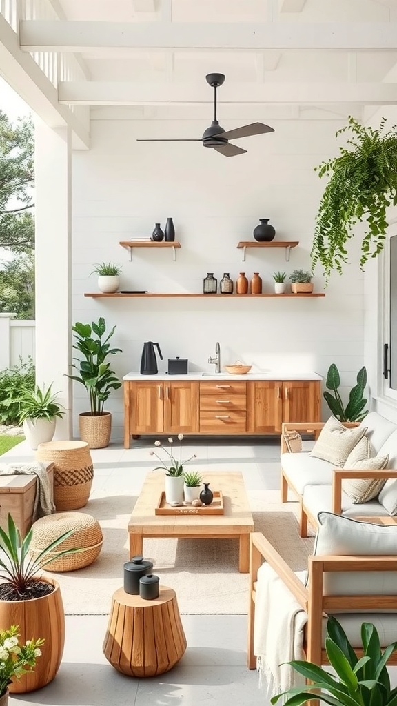 A minimal farmhouse outdoor living area with wooden furniture and plants.