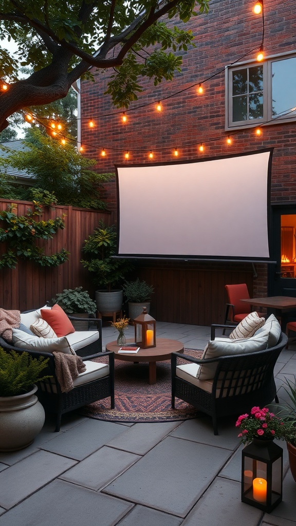 Cozy courtyard with a movie screen, comfortable seating, and string lights for an outdoor movie night.
