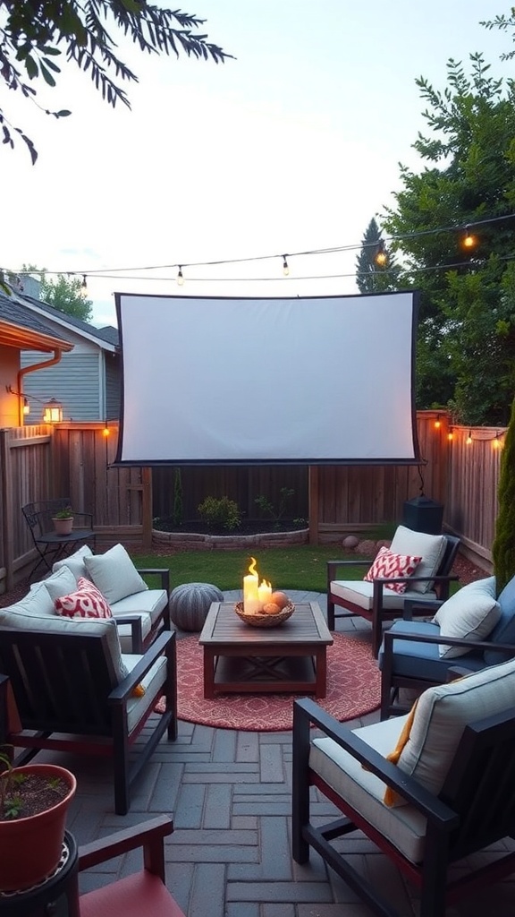 Cozy outdoor movie setup with seating, a projector screen, and warm lighting.