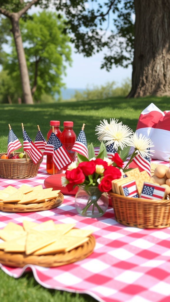A festive outdoor picnic setup with a checkered blanket, snacks, drinks, and American flags.