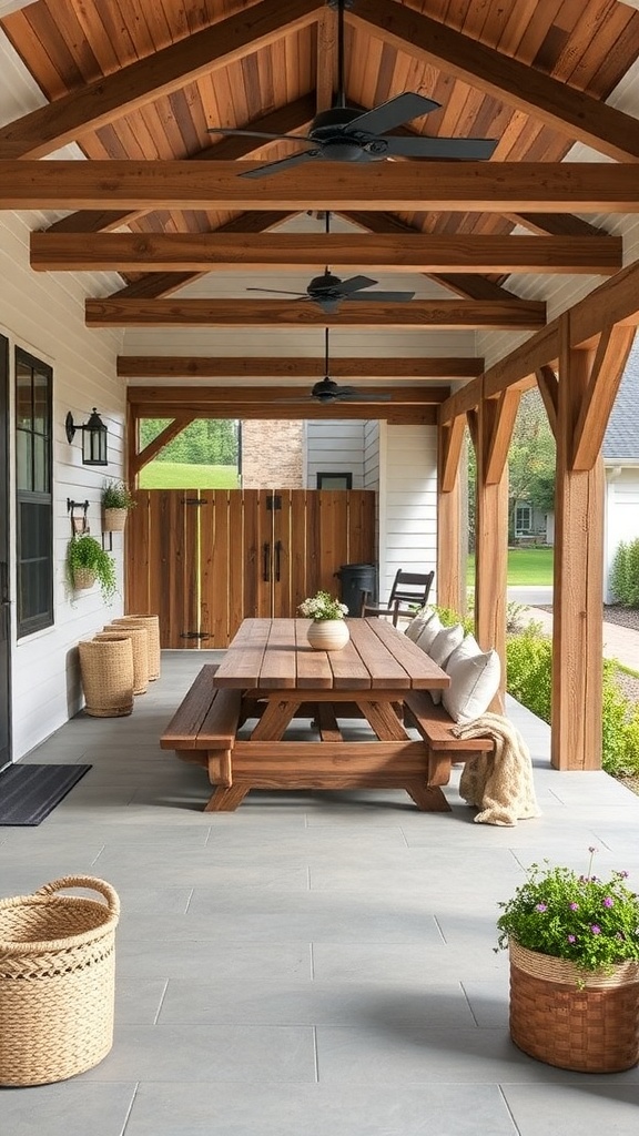 Outdoor space featuring a wooden table, comfortable seating, and decorative baskets