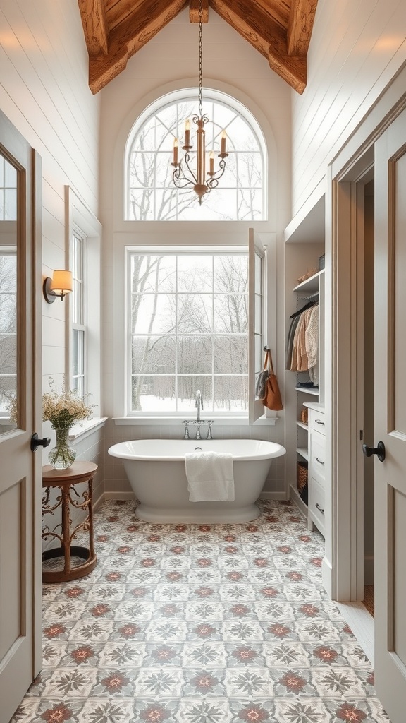 A cozy farmhouse bathroom with a freestanding tub and large windows showcasing outdoor views.