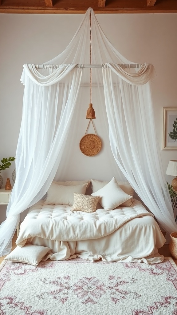 A cozy bedroom with a white canopy, soft bedding, and pastel decor.