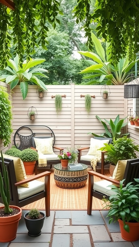 A cozy patio garden with comfortable seating and various potted plants.
