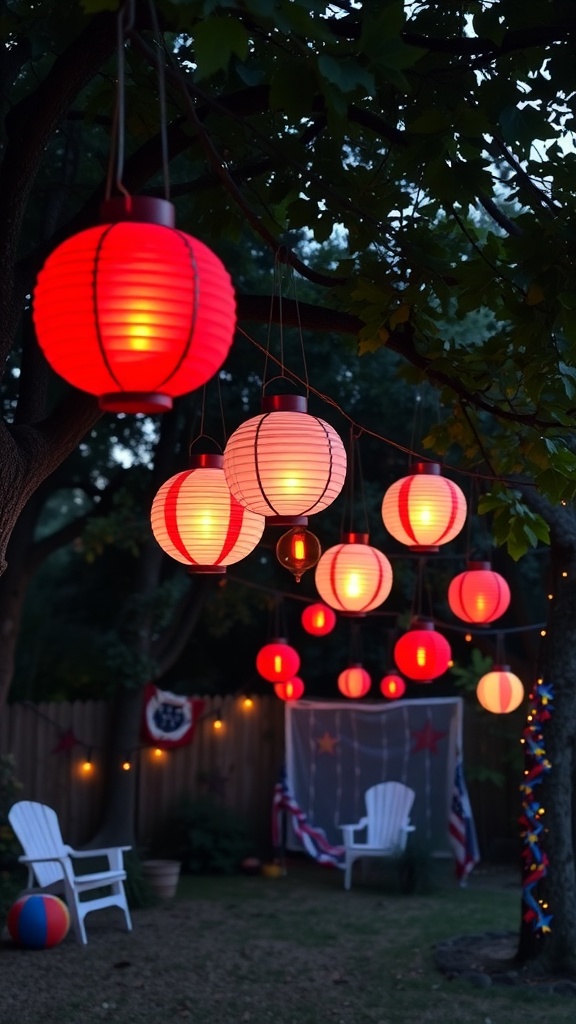 Colorful lanterns hanging in a backyard for 4th of July celebrations.