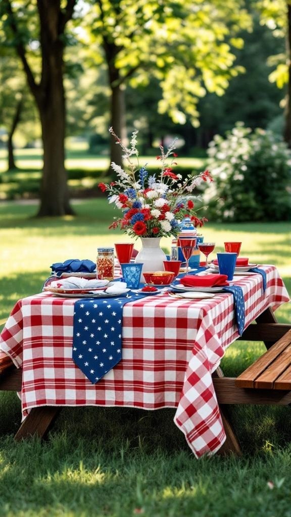 A colorful picnic table setting for Fourth of July with red, white, and blue decorations.