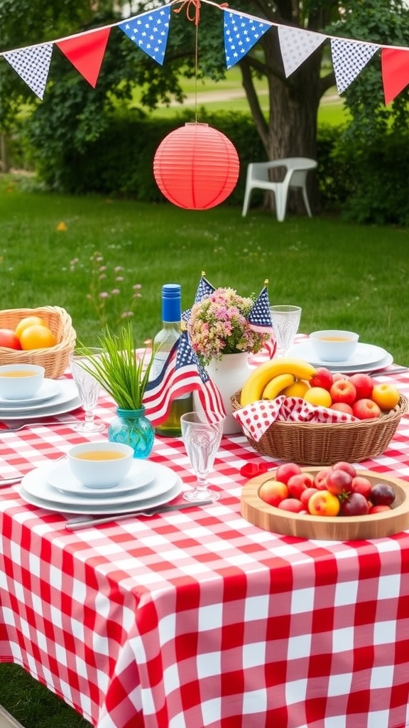 A vibrant outdoor picnic table decorated with a red and white checkered tablecloth, blue accents, and fresh fruits for Independence Day.