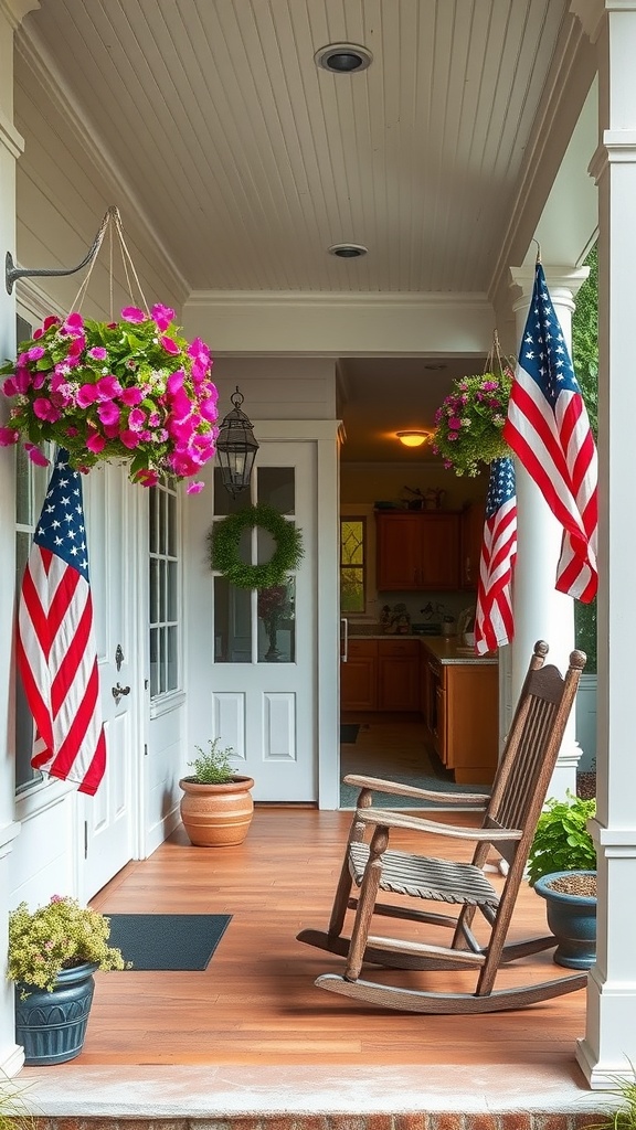 A charming porch with hanging flower baskets and American flags, showcasing a patriotic summer vibe.