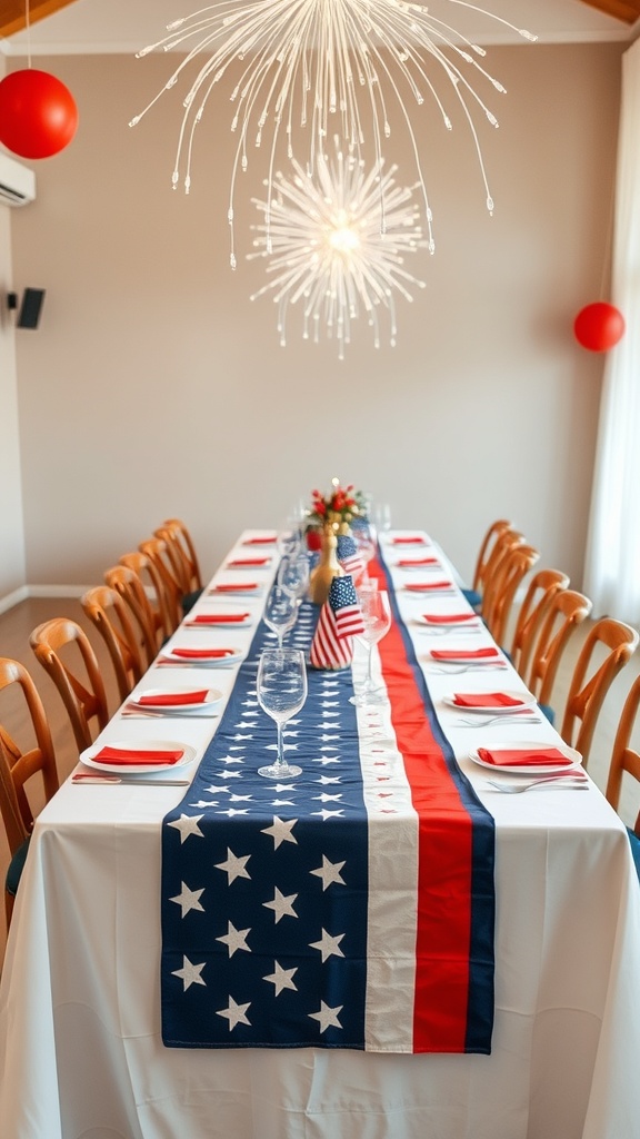 A beautifully set dining table with a patriotic table runner featuring stars and stripes, ready for a 4th of July celebration.