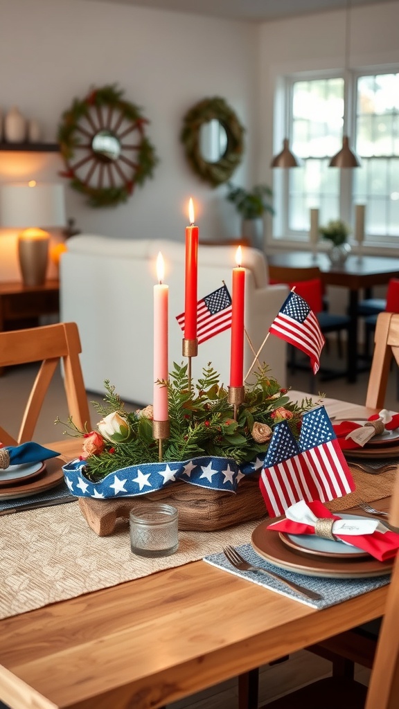 A patriotic table centerpiece featuring candles and small American flags.