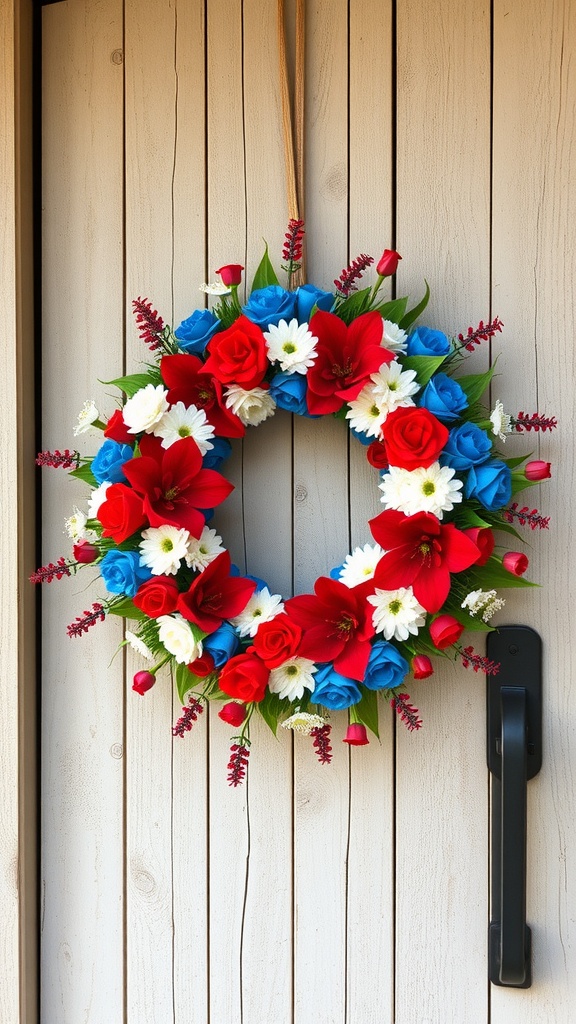 A colorful patriotic wreath featuring red, white, and blue flowers hanging on a wooden door.