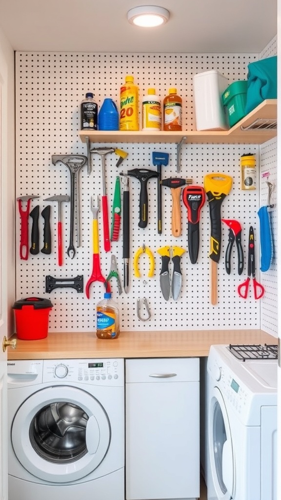 A well-organized laundry room with a pegboard displaying various tools and cleaning supplies.