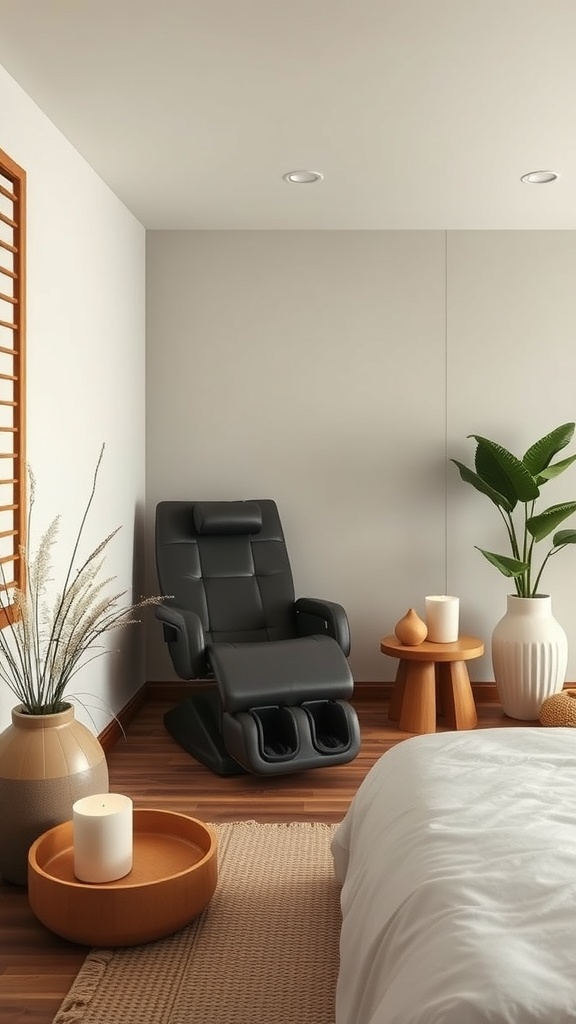A cozy bedroom with a massage chair, plants, and candles for a personal spa feel.