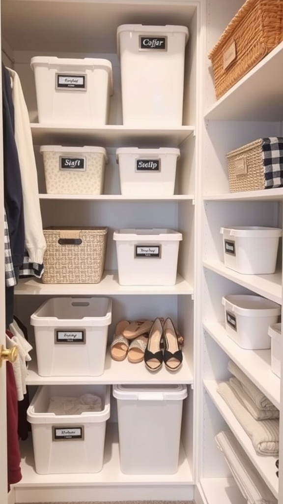 A well-organized walk-in closet with shelves and baskets.