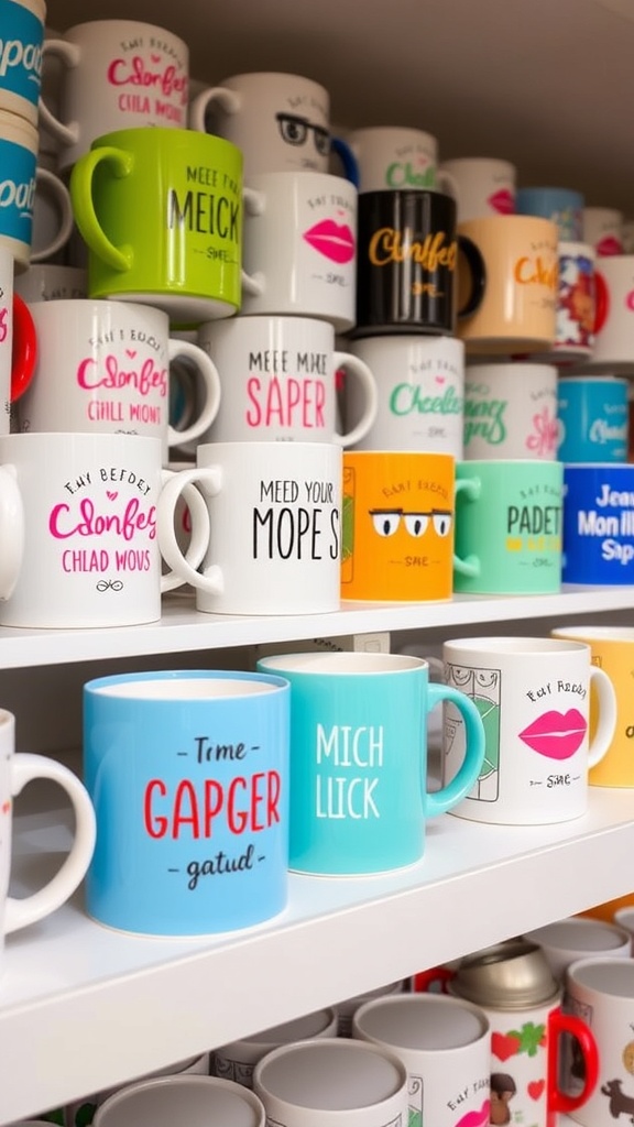 A collection of colorful personalized coffee mugs displayed on wooden shelves.