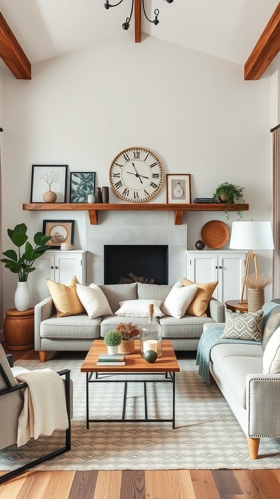 A cozy contemporary farmhouse living room with personalized decor, featuring a clock, artwork, and plants.