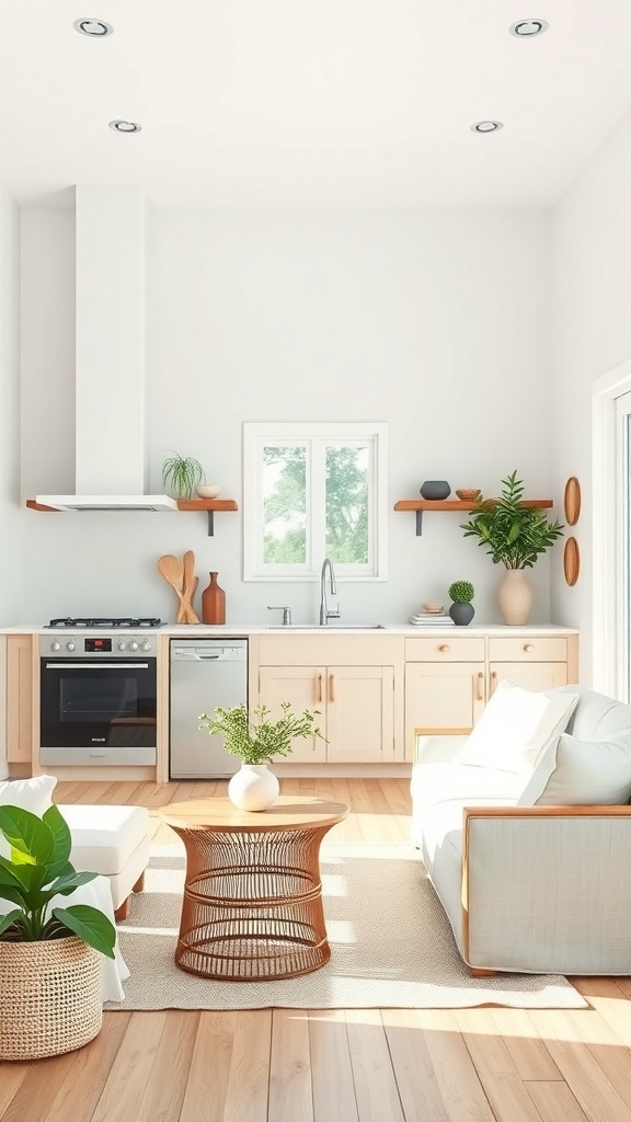 A bright and airy minimal farmhouse kitchen with wooden shelves, plants, and cozy seating.