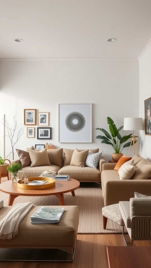 A cozy living room featuring neutral tones, decorative pillows, and personal artwork on the walls.