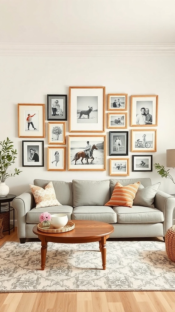 A cozy living room with a gallery wall of framed family photos.