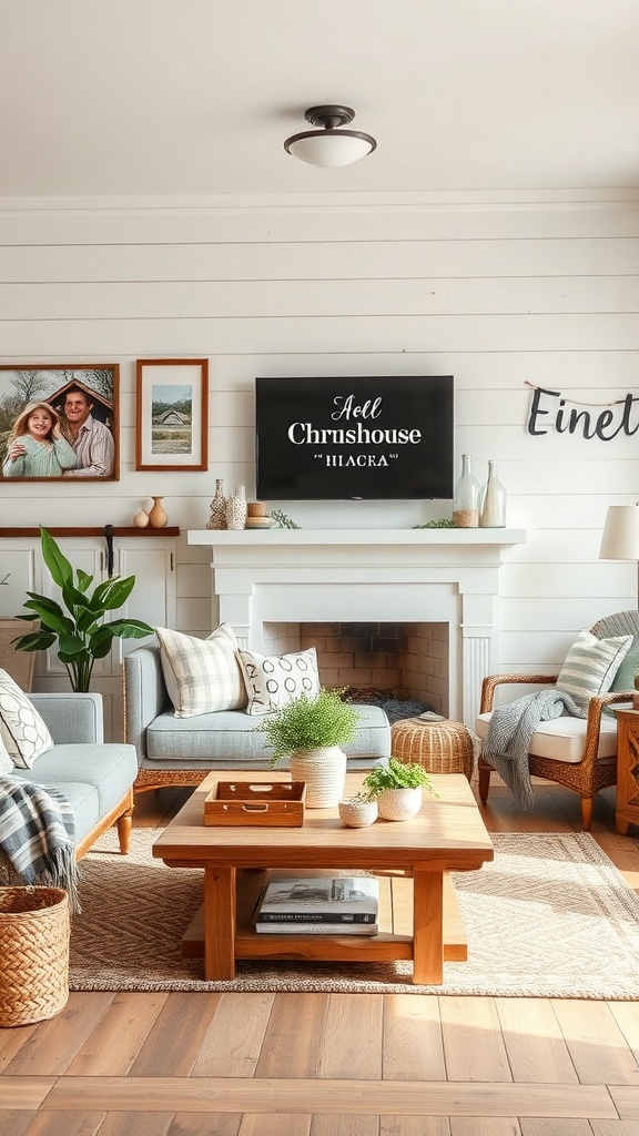 Cozy farmhouse living room with family photos and plants.