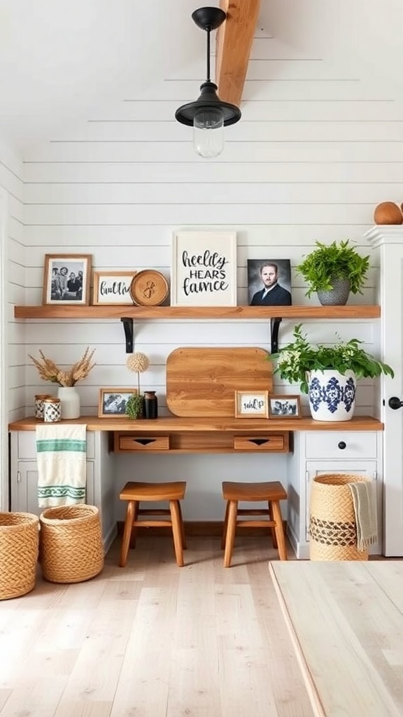 A cozy farmhouse interior with wooden shelves displaying family photos, artwork, and plants.