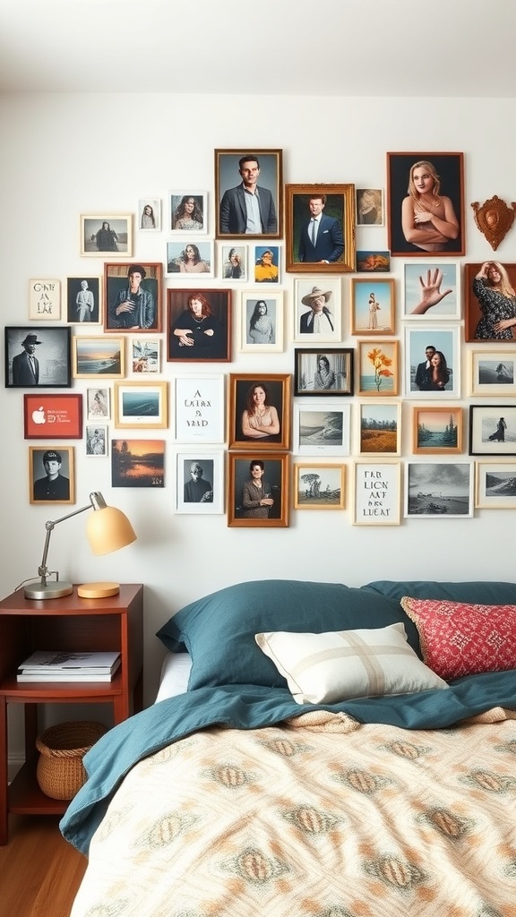 A cozy bedroom featuring a personalized gallery wall with various framed photos and art pieces.
