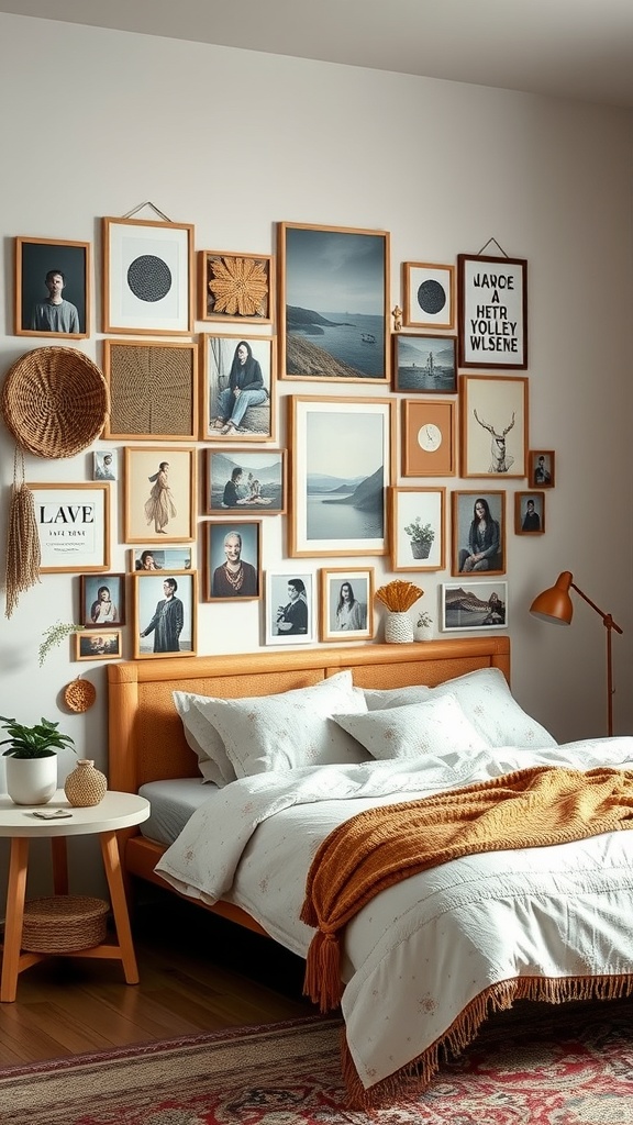 A cozy boho chic bedroom featuring a personalized gallery wall with various framed pictures and art.