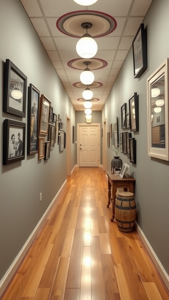 A hallway featuring framed pictures on the walls and stylish lighting.