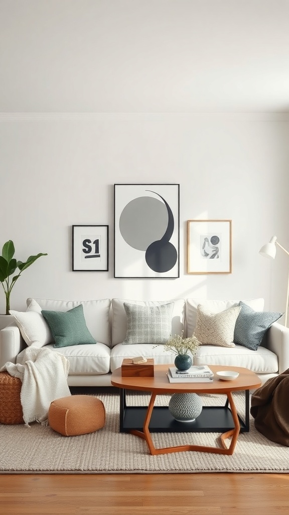 A cozy minimalist living room with a white sofa, decorative pillows, and modern art on the walls.